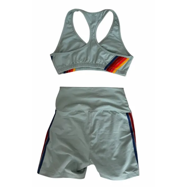 Aviator Nation 5 Stripe 4" High Rise Biker Shorts & Sports Bra Mist Women's Sm - Image 2
