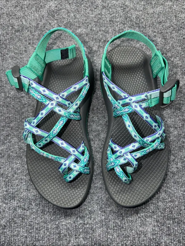 Chaco ZX/2 Classic sandals in a teal/mint green & purple pattern with toe loop. - Image 2