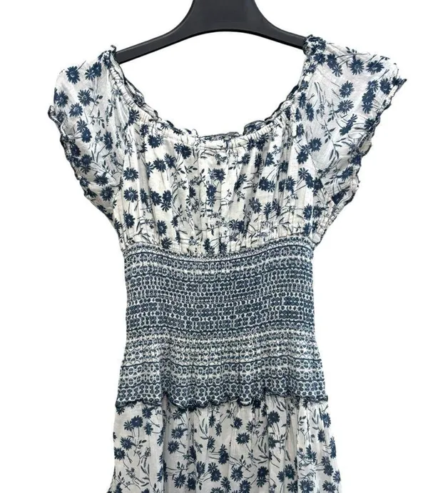 Mixed floral print boho smocked shirred midi maxi patchwork navy white dress - Image 10