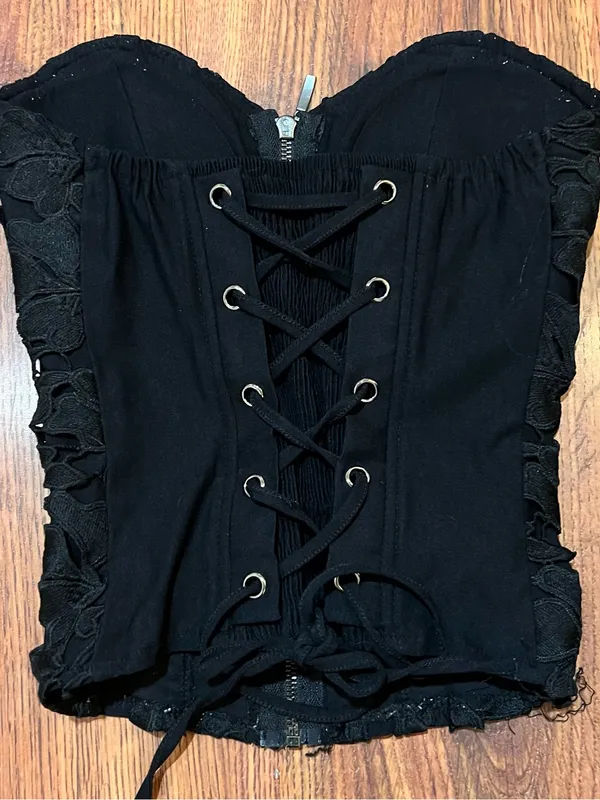 Free People Black Lace Corset Bustier Top Lace-Up Back Boned Structured Strapless Top - Image 4