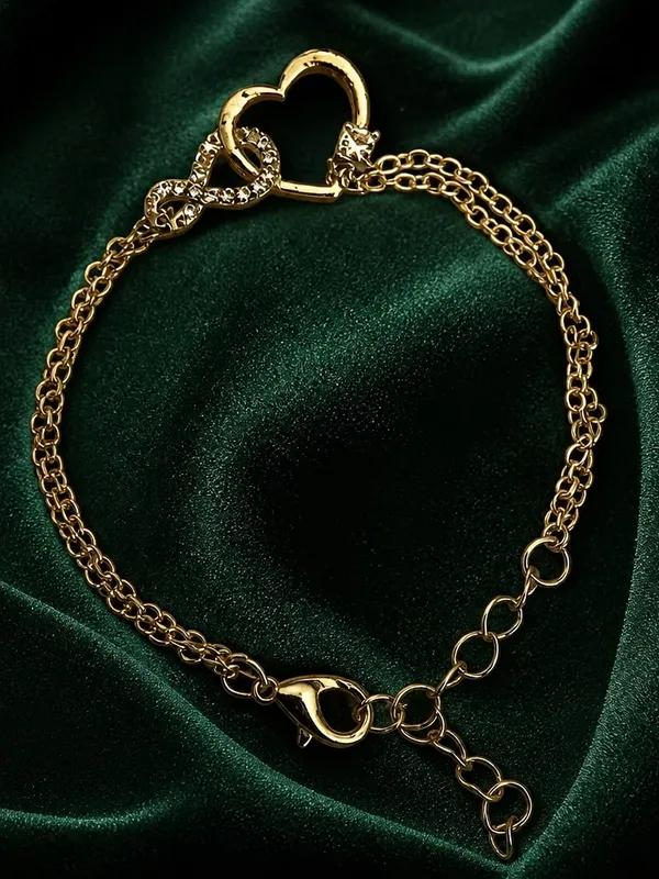 Gold Heart & Crystal Link Chain Bracelet - Women Jewelry - Image 2