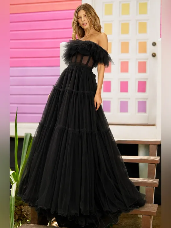 Sherri Hill 56068 Tiered Skirt Sheer Corset Dress Sz 2 Black NWOT - Image 2