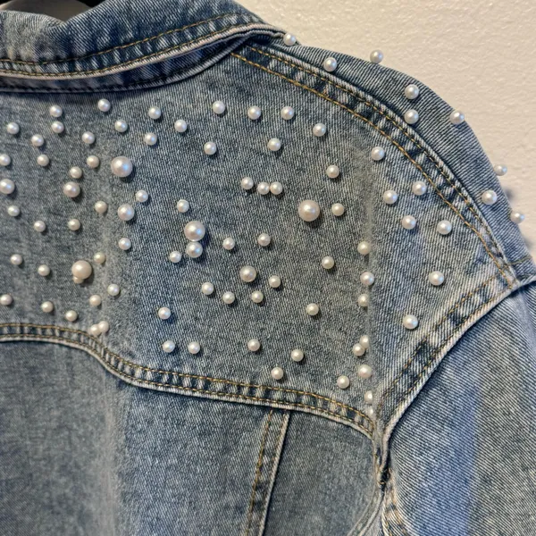 Pearl Studded Denim Jacket Blue Size L - Image 10