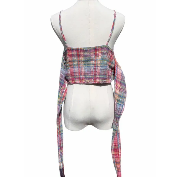 Free People Real Love Crop Top Women’s S Red Blue Plaid Ruched Wrap Y2K Boho - Image 5