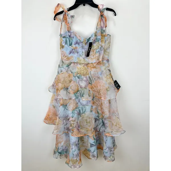 Lulus Playfully Posh Blue Floral Organza Tie-Strap Tiered Midi Dress Medium NWT - Image 5
