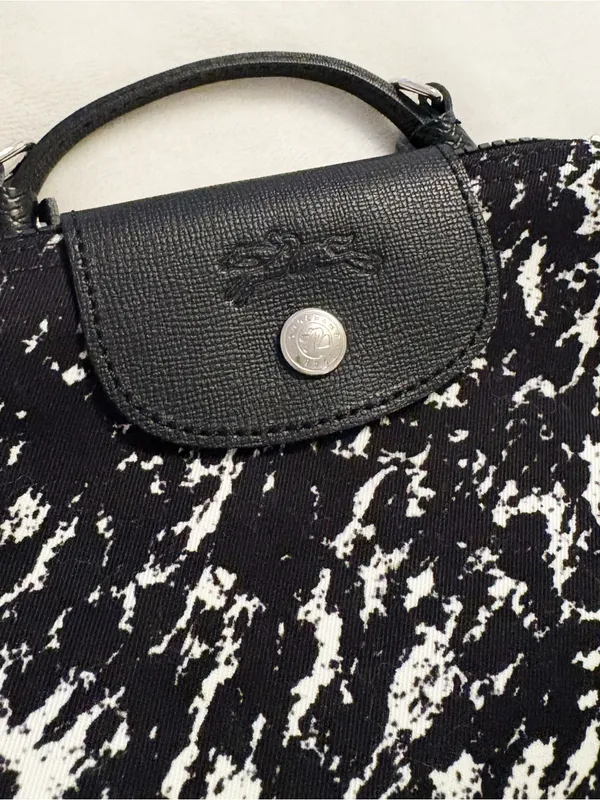 Longchamp Le Pliage Black White Marble Print Mini Nylon Top Handle Pouch Bag - Image 3