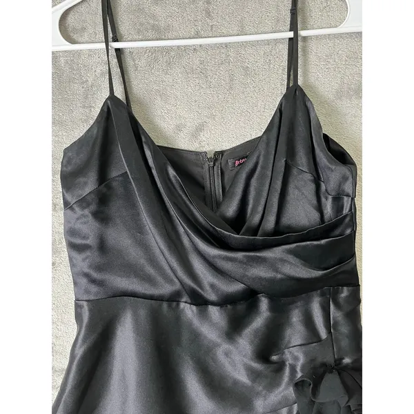 Betsey Johnson Black Satin Ruched Mini Dress Cowl Neck Spaghetti Strap Size 4 - Image 2