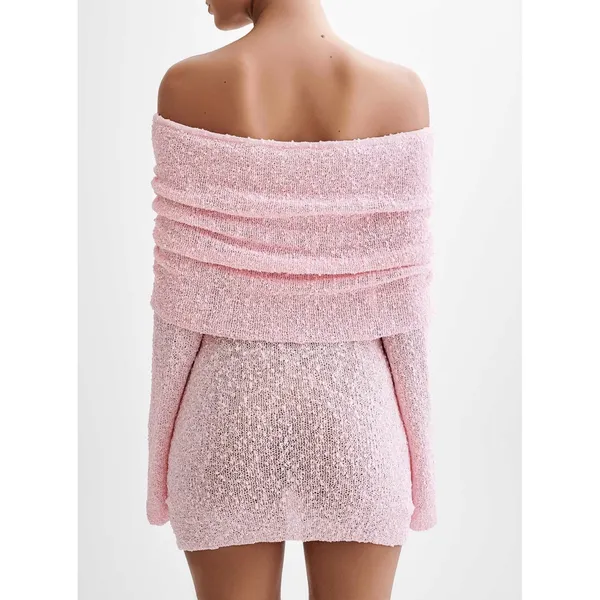Meshki Marisol Off Shoulder Boucle Mini Dress Baby Pink XS Bell Sleeve New - Image 2