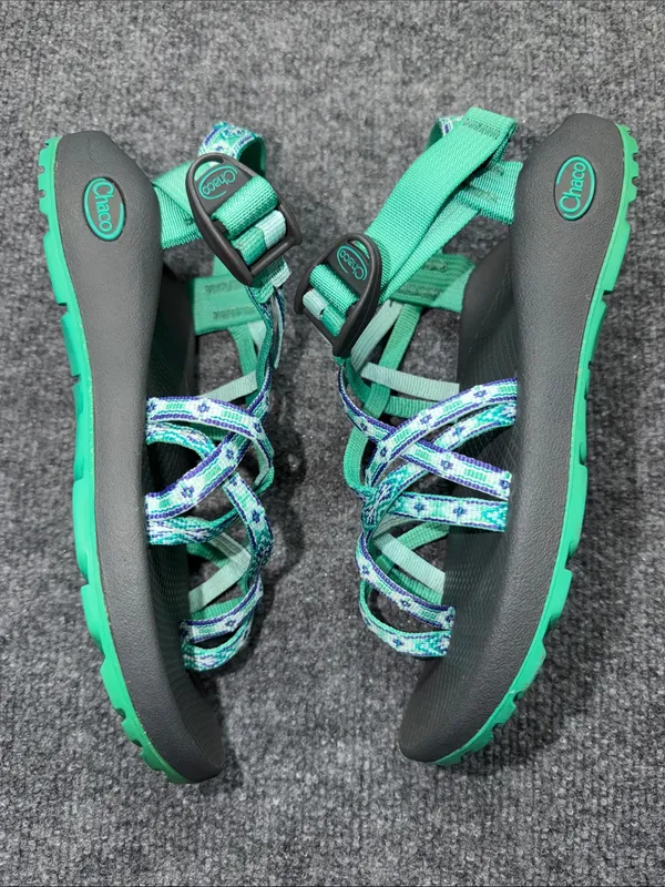 Chaco ZX/2 Classic sandals in a teal/mint green & purple pattern with toe loop. - Image 4