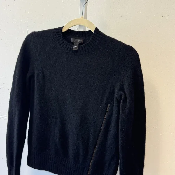 AQUA 100% Cashmere Crewneck Sweater Side Zip Detail Women's Small Black Casual - Image 3