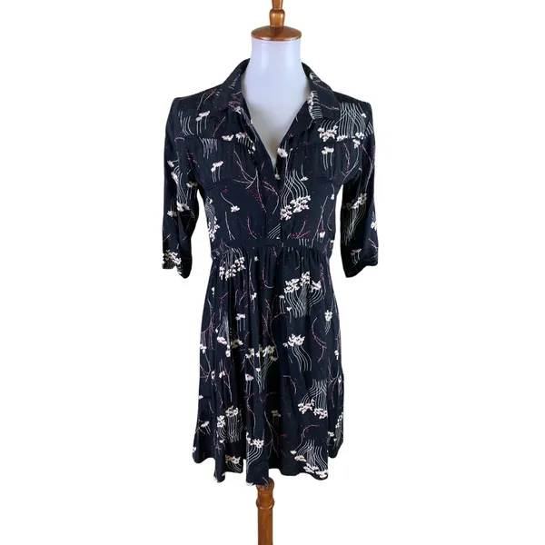Ba&sh Kyle Black Floral Collared Shirt Dress French Girl Dark Academia 0 - Image 2