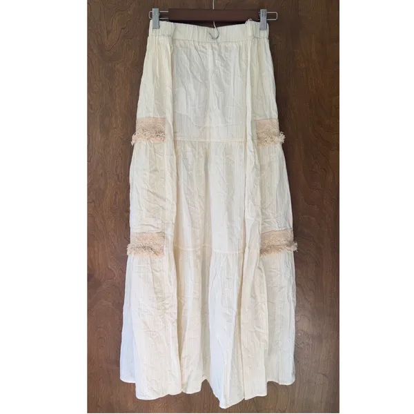 Boutique Embroidered Sz L Gold Floral Sequin Tiered Maxi Skirt Womens Beachy Gauzy Boho - Image 6