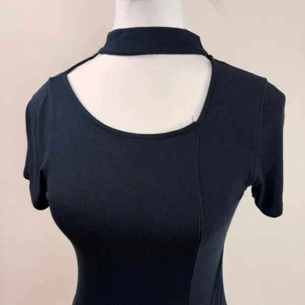 We The Free Free People Black Ribbed Choker Cutout‎ Top Short Sleeve Small - Image 3