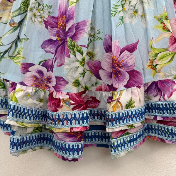 TAJ by Sabrina Crippa Dress Womens Size M Blue Floral Smocked Ruffle Mini Dress - Image 4