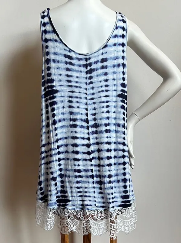 Tie dye Blue and White Relaxed Fit Tank Top with Asymmetrical lace Hem - Image 4