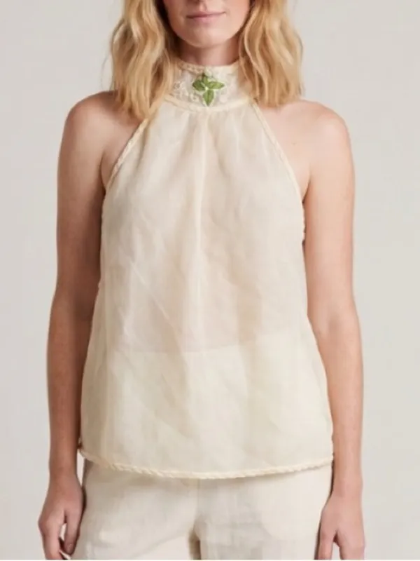 vintage Y2k Max Studio halter mock neck top cream sheer overlay Linen Resortwear - Image 3