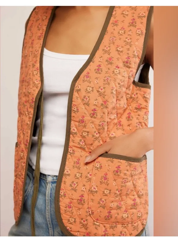 Free People Quilted Floral Peach Tie-Front Vest - Image 2