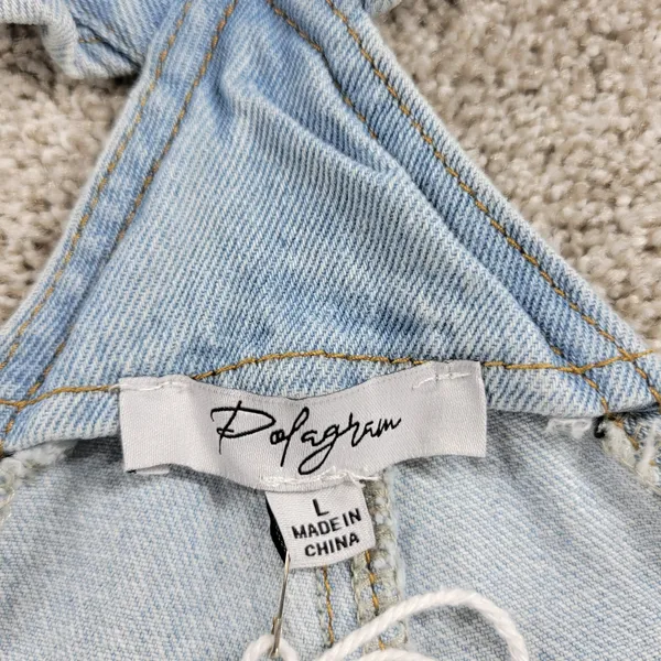 Polagram Overall Button Up Denim Jumpsuit Womens L Blue Light Wash Ruffle Straps - Image 12