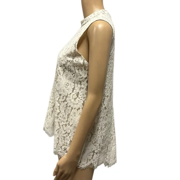 Rose + Olive Cream Sleeveless High Neck Lace Overlay Keyhole Back Top Blouse S - Image 5