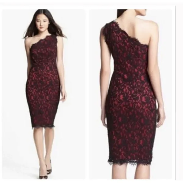 Black Red Lace One Shoulder Sheath Dress Formal Evening Cocktail Party‎ - Image 2