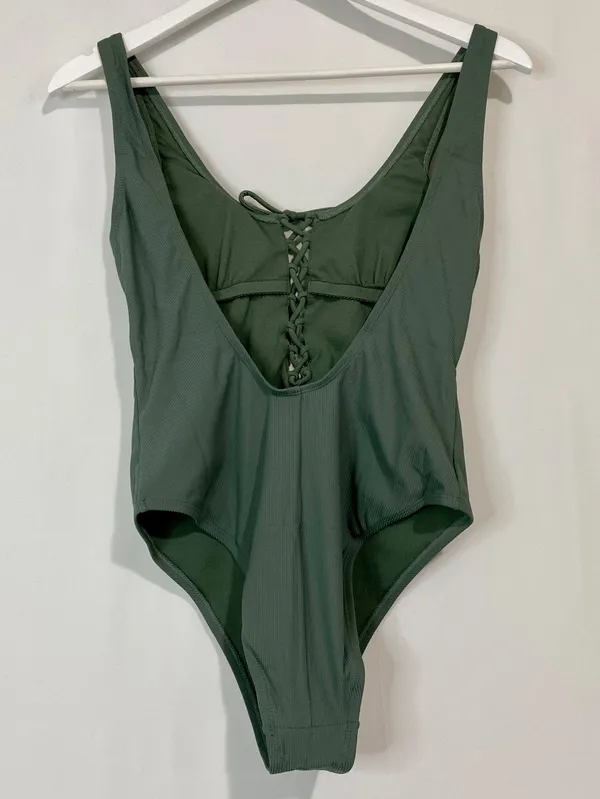 Women’s Lace Up Rib One Piece Swimsuit Olive Size Medium NWT - Image 8