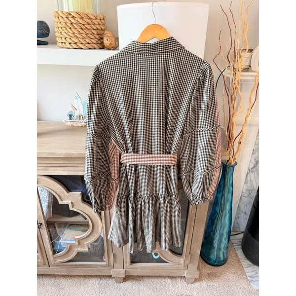 Pearl By Lela Rose Checked Seersucker Shirt Dress Womens Brown Size L - Image 3
