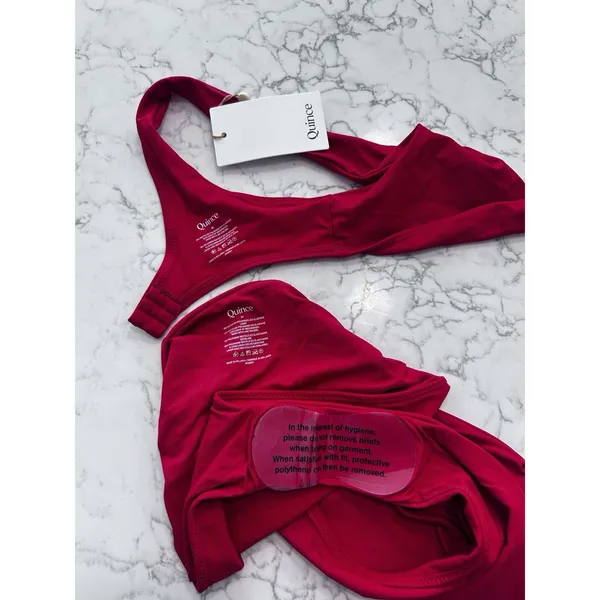 New Quince Cherry Red Italian Plunge Bikini Top & High Rise High Leg Bottom Set - Image 3