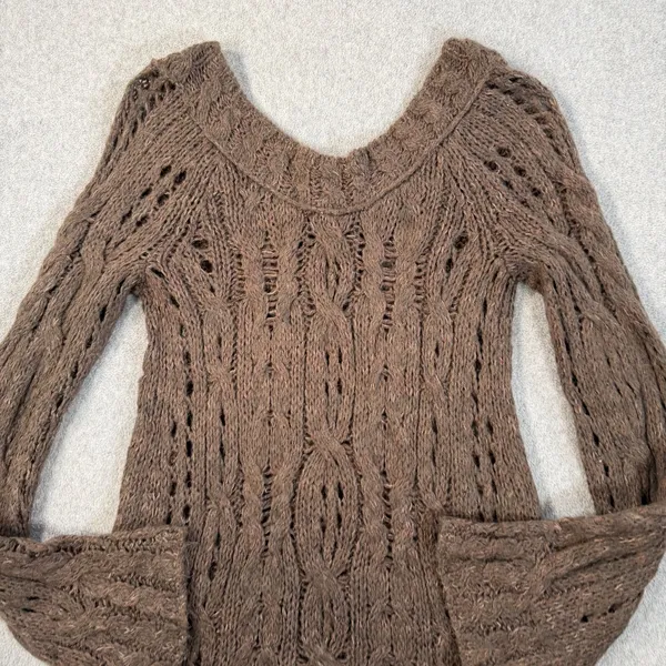 Free People Open Knit Off Shoulder Tunic Sweater Women's Large Brown Long Sleeve - Image 11