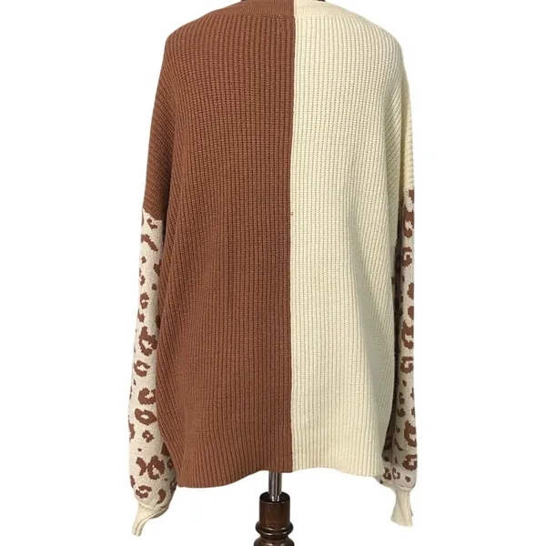 Pink Lily Oversized Ribbed Sweater Colorblock Leopard Sleeve XL 1X Cozy Casual‎ - Image 2