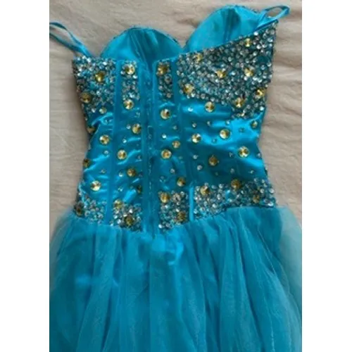 Aqua Blue Rhinestone Embellished Tulle Prom Gown Corset Back Sweetheart Dress - Image 2