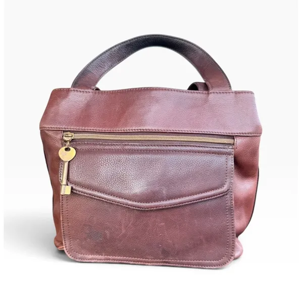 Vintage Y2K Fossil 1954 Brown Leather Crossbody Satchel Key Charm Purse Granny - Image 2