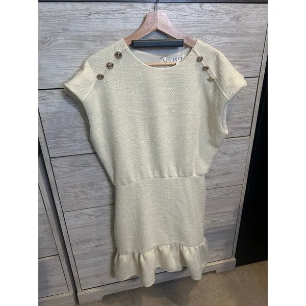 TCEC Maris Dress White Tweed Gold Button Shoulder Ruffle Hem Mini Dress Medium - Image 2