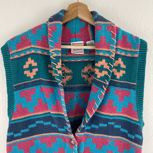 Vintage 90s Teal Blue Pink Southwestern Aztec Button Up Sweater Vest - Image 4