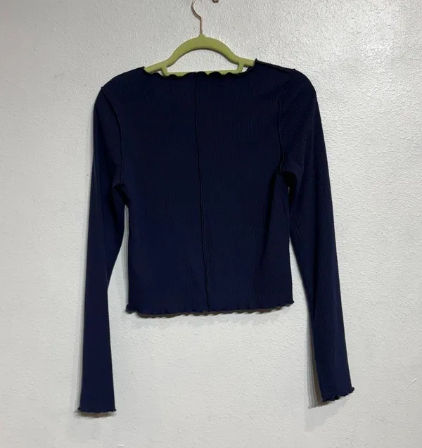 Aerie Navy Ribbed Cropped Long Sleeve Top Sz M - Image 8