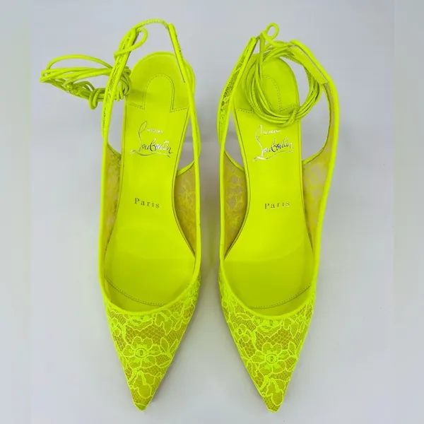 Christian Louboutin Kate 85mm Lace Wraparound Neon Fluo Yellow Pumps EU 38 - Image 12