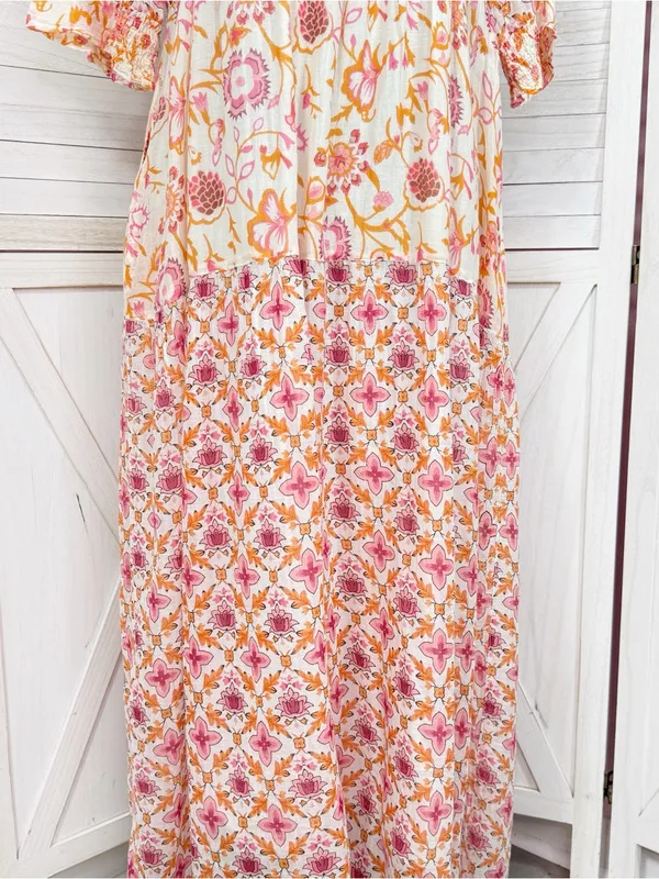 Dolma Kelly Floral Boho Tiered Midi Dress Pink Orange Large Cotton Mosaic - Image 7