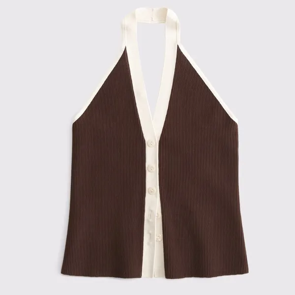 Abercrombie Ribbed Halter Top Sweater Vest | Brown & Cream Button Up Knit XL - Image 5