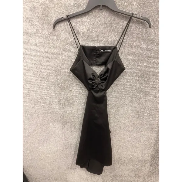 Zara Women Mini Dress S Black Satin Cut-Out Ring Detail Sleeveless Party - Image 3