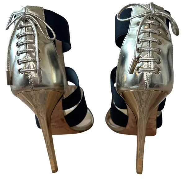 Jimmy Choo Dario Black Ladder Strap‎ Gold Heel Sandals Size US 8, IT 38 - Image 3