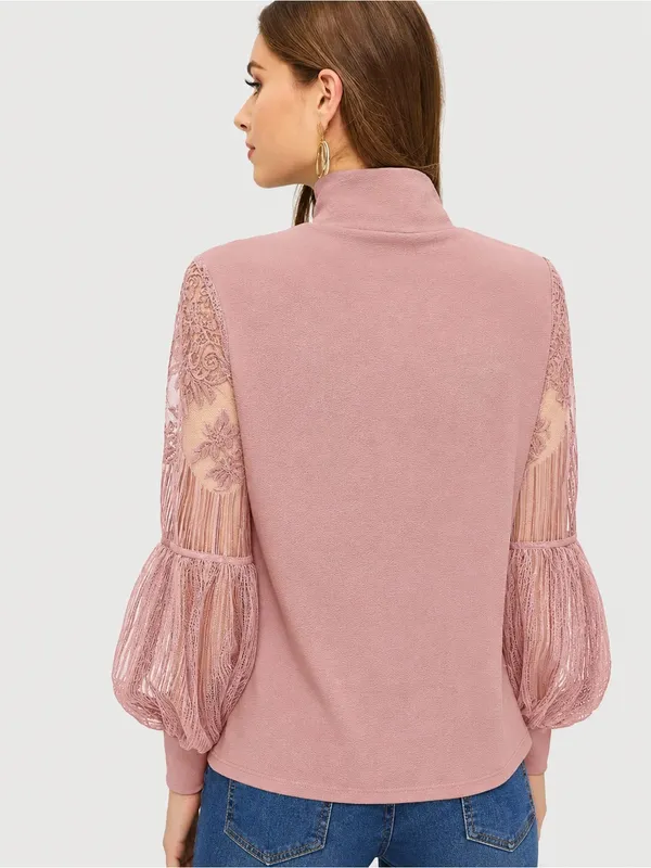 SHEIN Dusty Rose Lace Balloon Sleeve Turtleneck Blouse Size S - Image 2