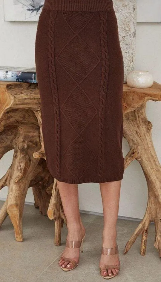 Chaining Pattern Knit Sweater and Skirt Set Brown Size L - Image 3