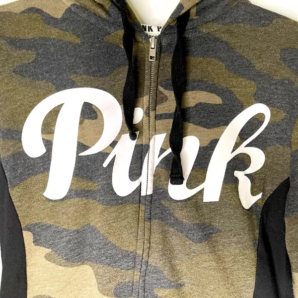 Pink Victoria’s Secret Camouflage Zip Up Hoodie Sz XS - Image 2
