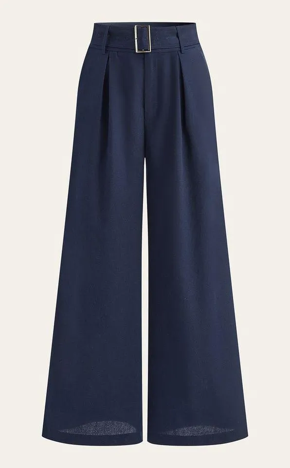 Navy Ruffled Cami Top and Wide-Leg Pants Set Linen Blend Large - Image 2