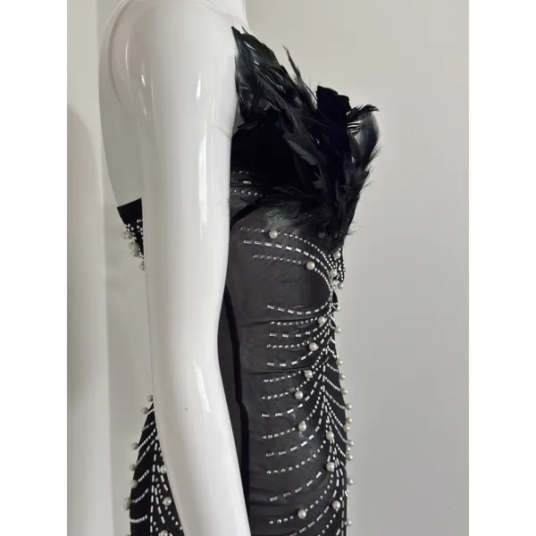 Beaded Pearl Sheer Feather Bust Dress Size Small Stretchy Bodycon Night Out - Image 6