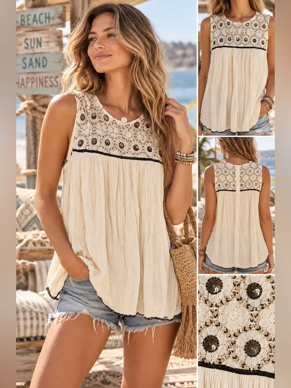 Zara Basic Cream Crochet Sequin Boho Tunic Top Size Medium - Image 2