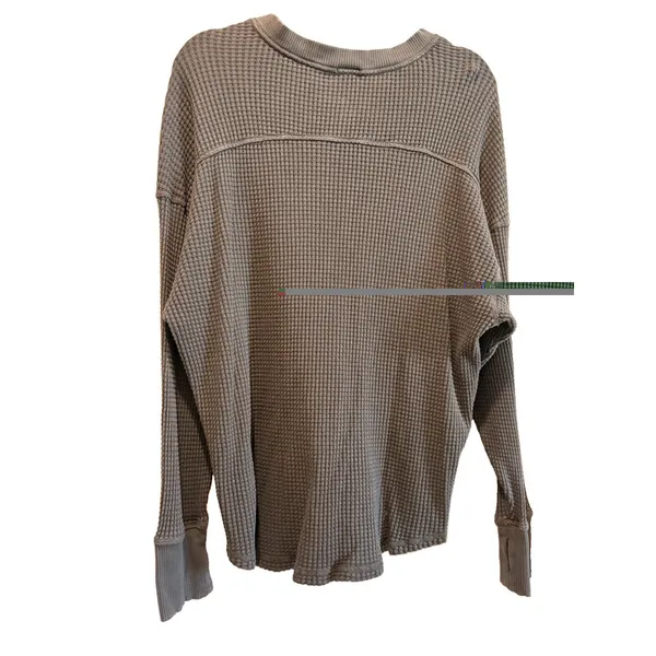 Aerie Gray Waffle-Knit Henley V-Neck Long Sleeve Pullover Cotton Sweater Top XL - Image 2