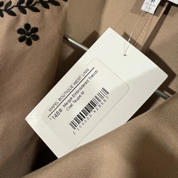NEW Mable Embroidered Trench Coat Sz Medium Taupe and Black Neutral - Image 9