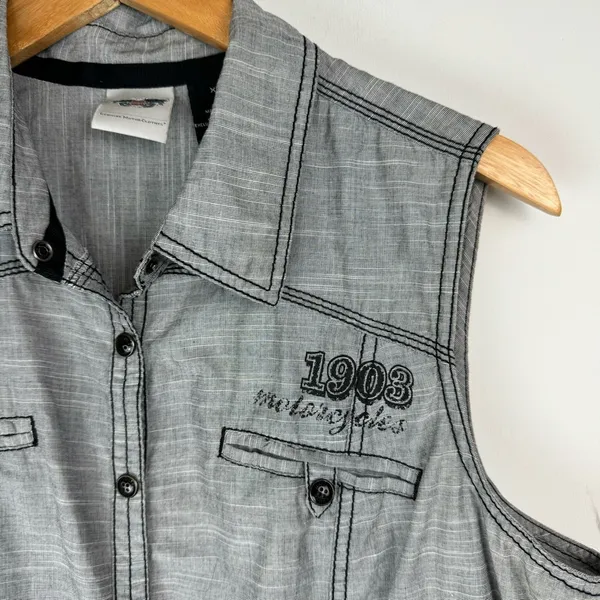 Harley Davidson Y2K Button Down Shirt Vest Sz XL Grey Graphic Back - Image 9