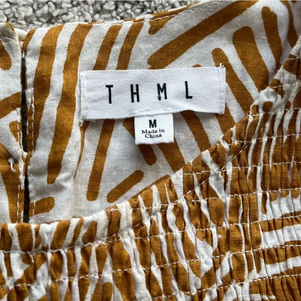 THML midi dress brown white line print ruffle sleeve smocked medium - Image 2