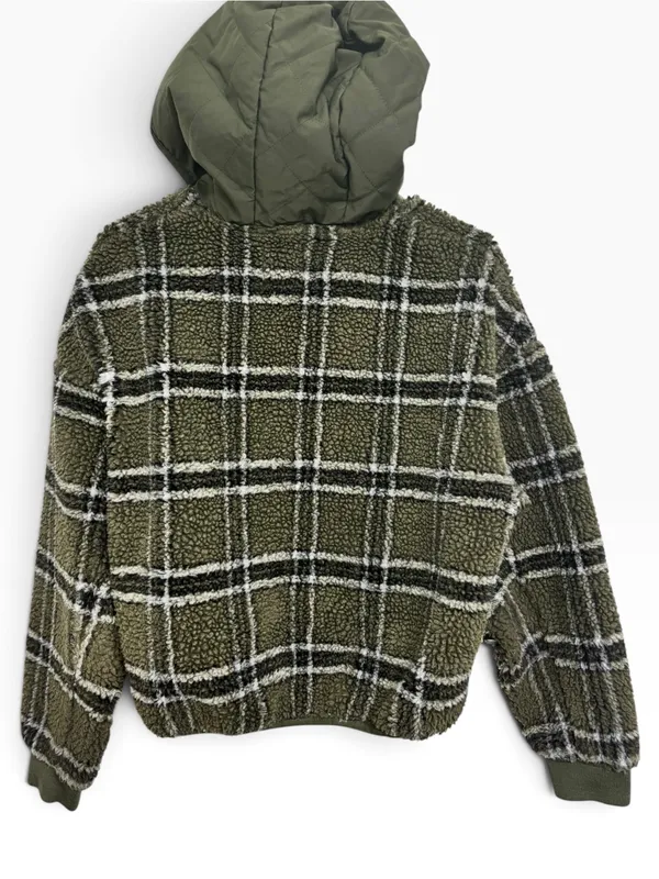 Zara Green Plaid Sherpa Fleece Quilted Pocket Pullover Hoodie (XS) - Image 3